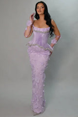 Beautiful Lilac Strapless Mermaid Prom Dress Column Gem With Flower Gloves-Ballbella