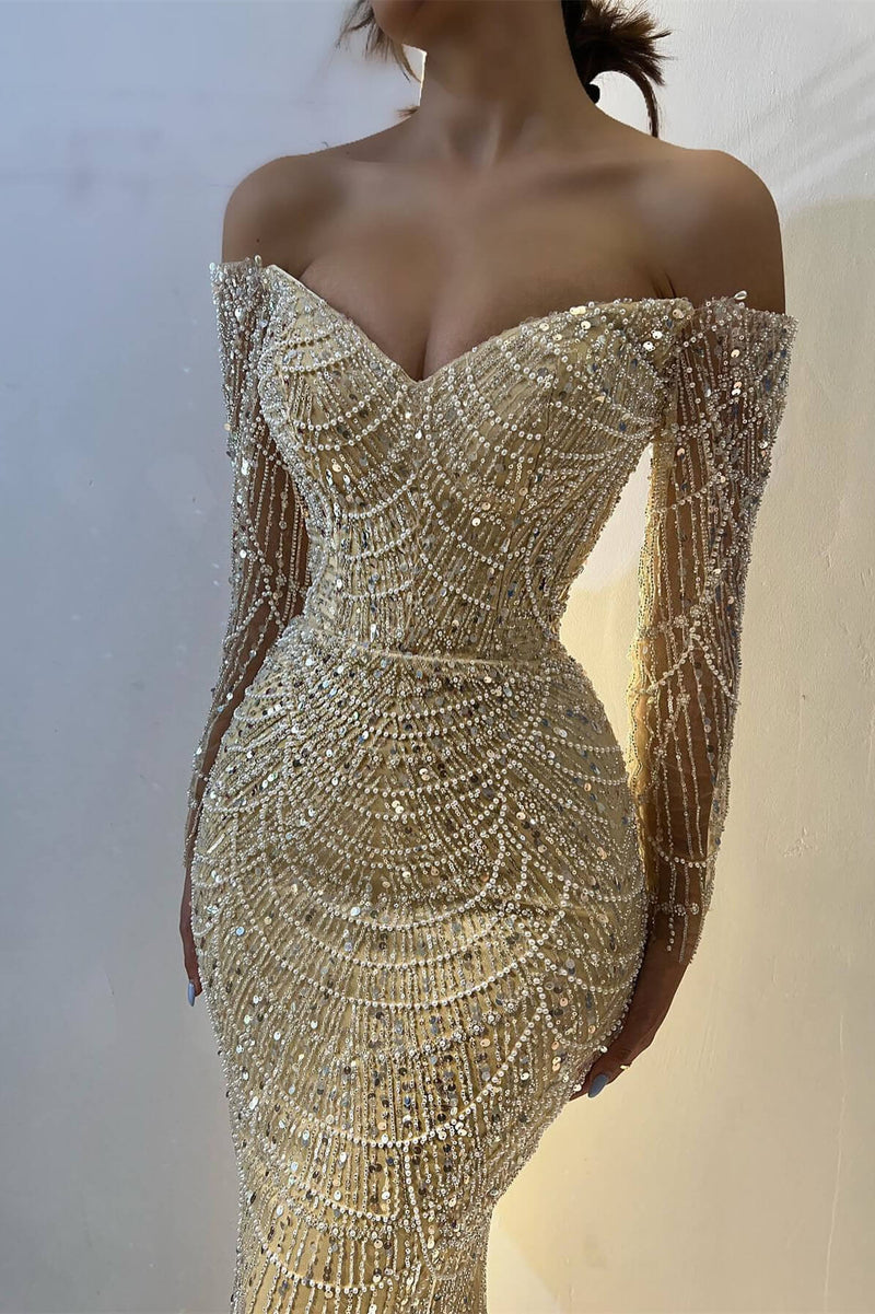 Beautiful Off-the-Shoulder Long Sleeves Prom Dress Mermaid Pearls With Beads-Ballbella