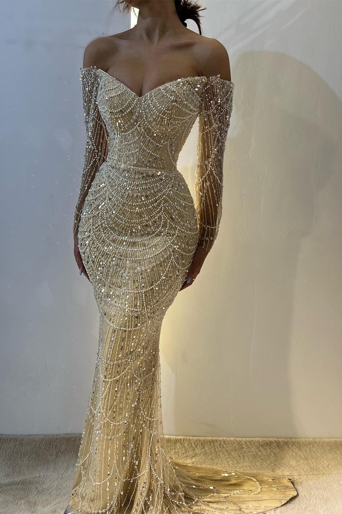 Off-the-Shoulder Sweetheart Long Dusty Sage Mermaid Pearls Prom Dress main image 1