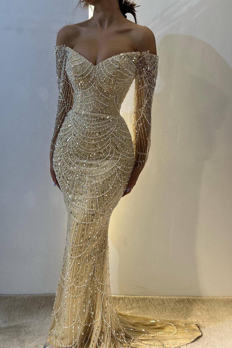 Beautiful Off-the-Shoulder Long Sleeves Prom Dress Mermaid Pearls With Beads Beautiful Off-the-Shoulder Long Sleeves Prom Dress Mermaid Pearls With Beads