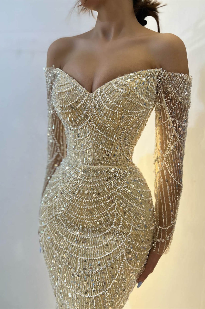 Beautiful Off-the-Shoulder Long Sleeves Prom Dress Mermaid Pearls With Beads-Ballbella