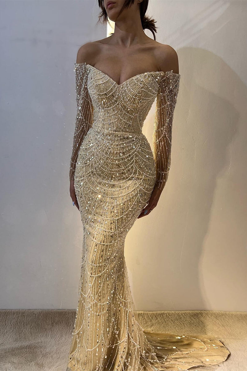 Beautiful Off-the-Shoulder Long Sleeves Prom Dress Mermaid Pearls With Ballbella Beautiful Off-the-Shoulder Long Sleeves Prom Dress Mermaid Pearls With Ballbella