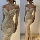 Beautiful Off-the-Shoulder Long Sleeves Prom Dress Mermaid Pearls With Beads-Ballbella