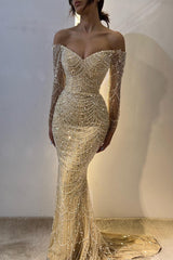 Beautiful Off-the-Shoulder Long Sleeves Prom Dress Mermaid Pearls With Beads-Ballbella