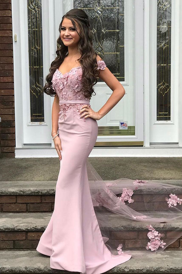 Beautiful Off-the-shoulder Mermaid Lace Appliques Pearl Pink Bridesmaid Dress with Belt-Ballbella