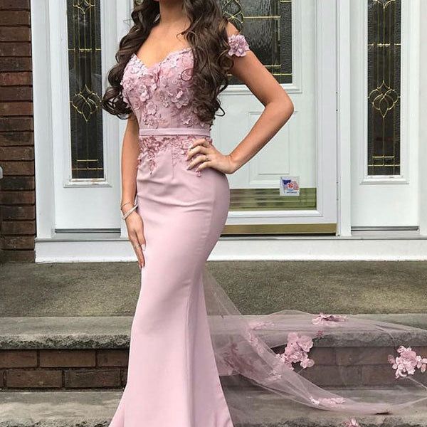 Beautiful Off-the-shoulder Mermaid Lace Appliques Pearl Pink Bridesmaid Dress with Belt