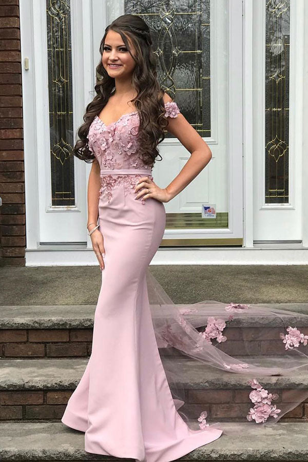 Ballbella offers Beautiful Off-the-shoulder Mermaid Lace Appliques Pearl Pink Bridesmaid Dress with Belt On Sale at an affordable price from Satin to Mermaid Floor-length skirts. Shop for gorgeous  Prom Dresses collections for special events.