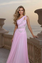 Beautiful Pink One Shoulder Chiffon Sleeveless Prom Dress A-Line Long With Pleats-Ballbella