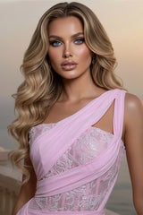 Beautiful Pink One Shoulder Chiffon Sleeveless Prom Dress A-Line Long With Pleats-Ballbella