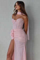Beautiful Pink Sweetheart Chiffon Prom Dresses Long High Slit With Flower Pleats-Ballbella