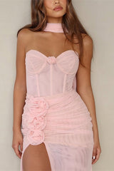 Beautiful Pink Sweetheart Chiffon Prom Dresses Long High Slit With Flower Pleats-Ballbella