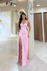 Beautiful Pink Sweetheart Halter Sleeveless Lace Prom Dress Mermaid With Side Split-Ballbella