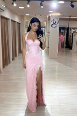 Beautiful Pink Sweetheart Halter Sleeveless Lace Prom Dress Mermaid With Side Split-Ballbella