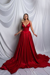 Beautiful Red V-Neck Strapless Satin Prom Dresses Sleeveless A-Line With Pearls Pleats-Ballbella