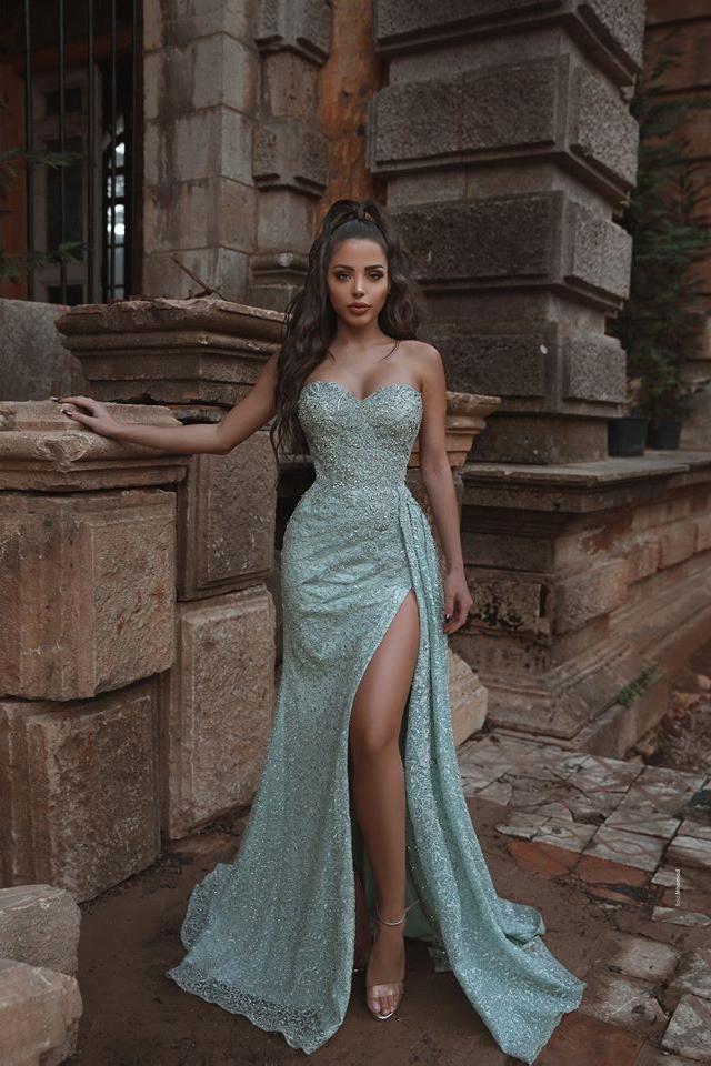 Beautiful Shining Crystal Sweetheart Sleeveless Prom Dresses With Split A Line Evening Gowns-Ballbella