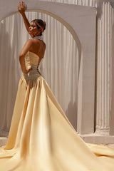 Beautiful Strapless Satin Prom Dresses A-Line Sleeveless Lace-Up-Back With Bow Knot Pleats-Ballbella