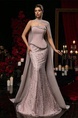 Beautiful Strapless Sleeveless Mermaid Prom Dresses Two-Pieces Gem With Beads Ruffles-Ballbella