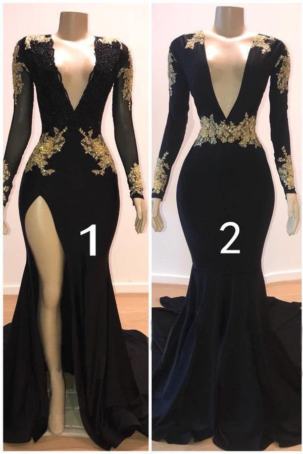 This beautiful Beautiful V-Neck Long Sleevess Appliques Mermaid Floor-Length Prom Dresses will make your guests say wow. The V-neck bodice is thoughtfully lined,  and the Floor-length skirt with Appliques to provide the airy,  flatter look.