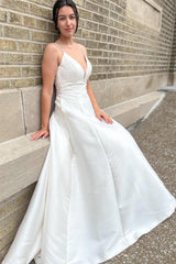 Beautiful V-Neck Spaghetti-Straps A-Line Wedding Dresses Satin Open Back With Appliques Lace Buttons-Ballbella