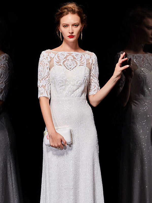 Beautiful White Evening Dresses Lace Half Sleeve Sequin Long