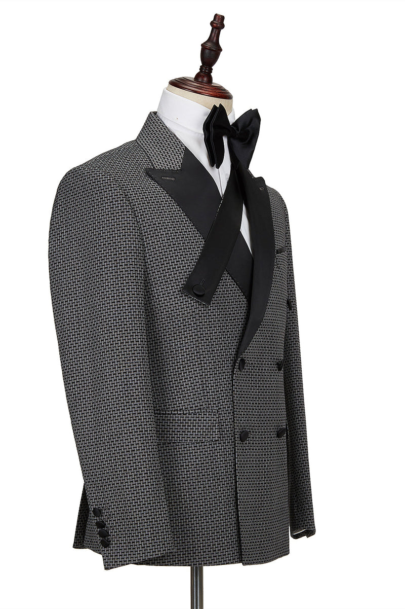 Bespoke Black-and-Gray Cruciform Satin Peak Lapel Double Breasted Men Formal Suit-Ballbella