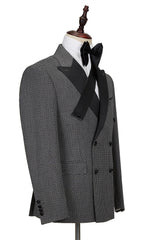 This Bespoke Black-and-Gray Cruciform Satin Peak Lapel Double Breasted Men Formal Suit at Ballbella comes in all sizes for prom, wedding and business. Shop an amazing selection of Peaked Lapel Double Breasted Black mens suits in cheap price.