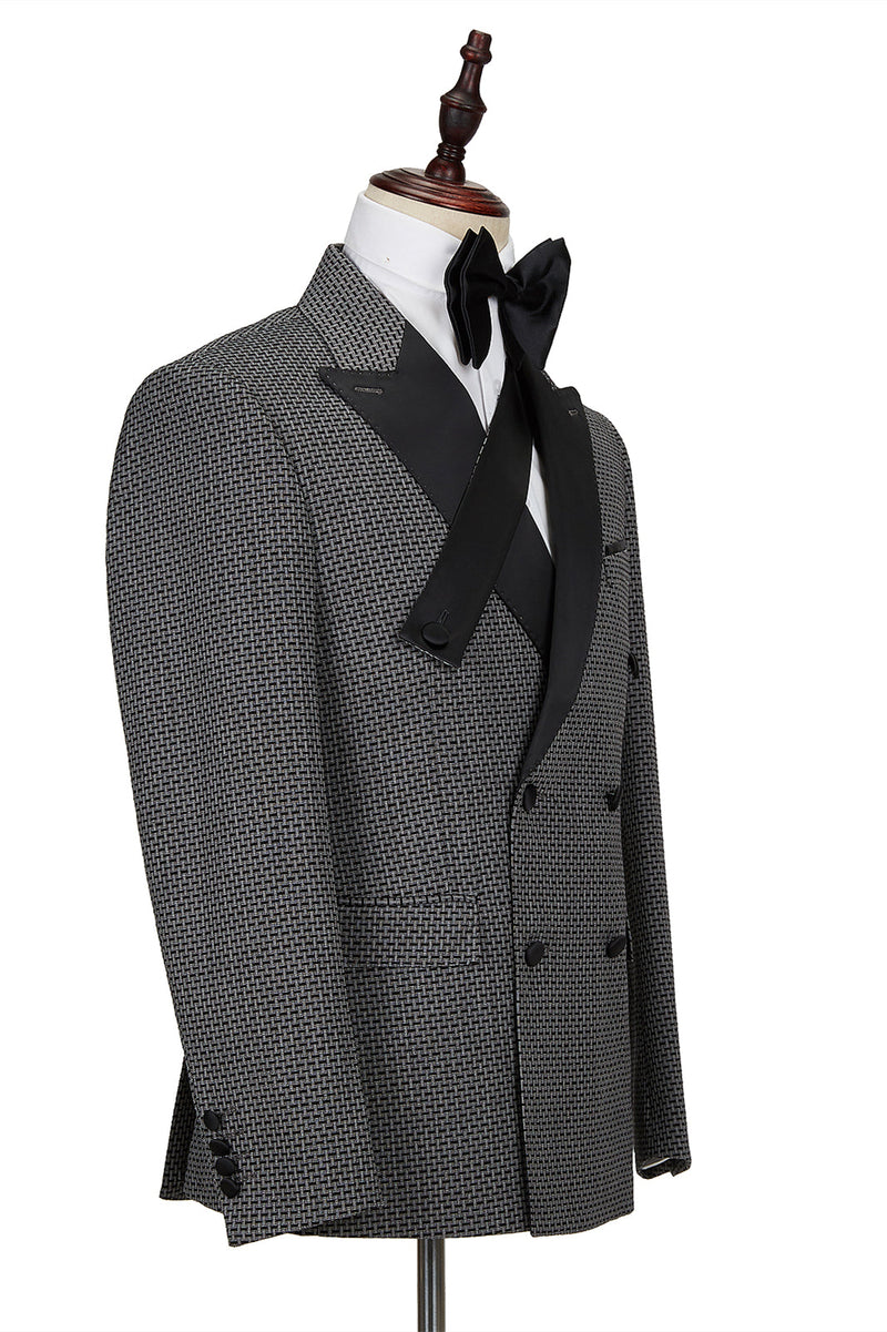 This Bespoke Black-and-Gray Cruciform Satin Peak Lapel Double Breasted Men Formal Suit at Ballbella comes in all sizes for prom, wedding and business. Shop an amazing selection of Peaked Lapel Double Breasted Black mens suits in cheap price.