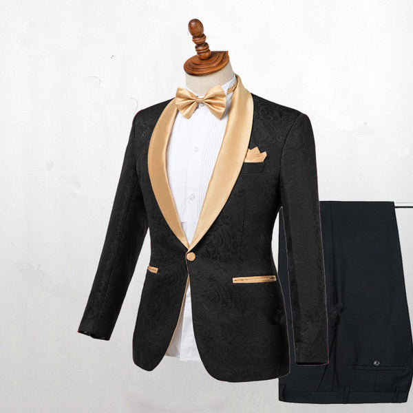 Shop Bespoke Black One Button Wedding Men Suits with Gold Lapel from Ballbellas. Free shipping available. View our full collection of Black Shawl Lapel wedding suits available in different colors with affordable price.