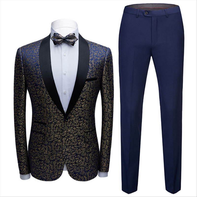 Bespoke Black Satin Shawl Lapel Wedding Tuxedos Gold Jacquard Blue Men Suits for Prom Bespoke Black Satin Shawl Lapel Wedding Tuxedos Gold Jacquard Blue Men Suits for Prom