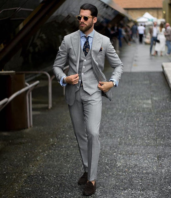 Bespoke Formal Mens Suits Regular Grey Three-Piece Business Suits-Ballbella