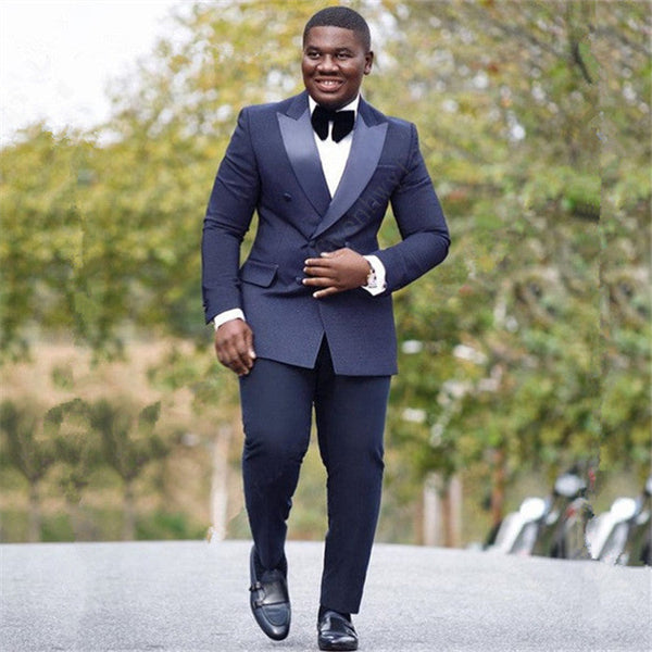 Bespoke Navy Blue Double Breasted Peaked Silk Lapel Mens Suit Online-Ballbella
