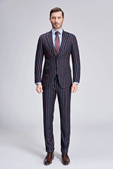 This Bespoke Stripes Dark Navy Mens Suits, Peak Lapel Three Flap Pockets Suits for Men at Ballbella comes in all sizes for prom, wedding and business. Shop an amazing selection of Peaked Lapel Single Breasted Dark Navy mens suits in cheap price.