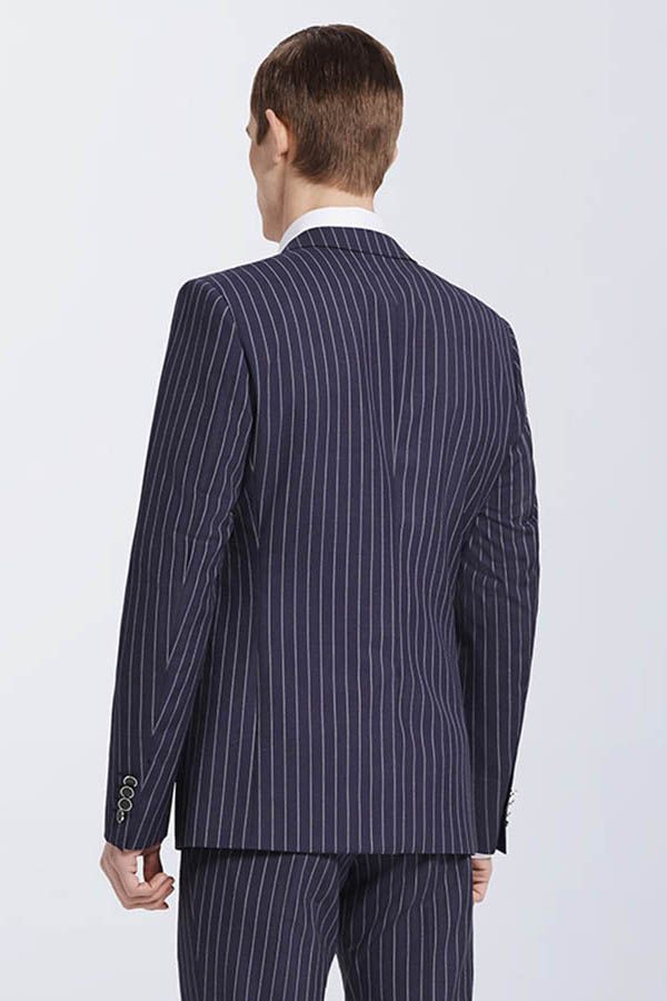 Bespoke Stripes Navy Marriage Suits Narrow Notch Lapel Leisure Suits for Men-Ballbella