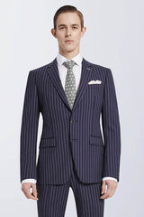 Looking for the Pricey Bespoke Stripes Navy Marriage Suits, Narrow Notch Lapel Leisure Suits for Men online Find your Notched Lapel Single Breasted Two-piece Dark Navy mens suits for prom, wedding and business at Ballbella.