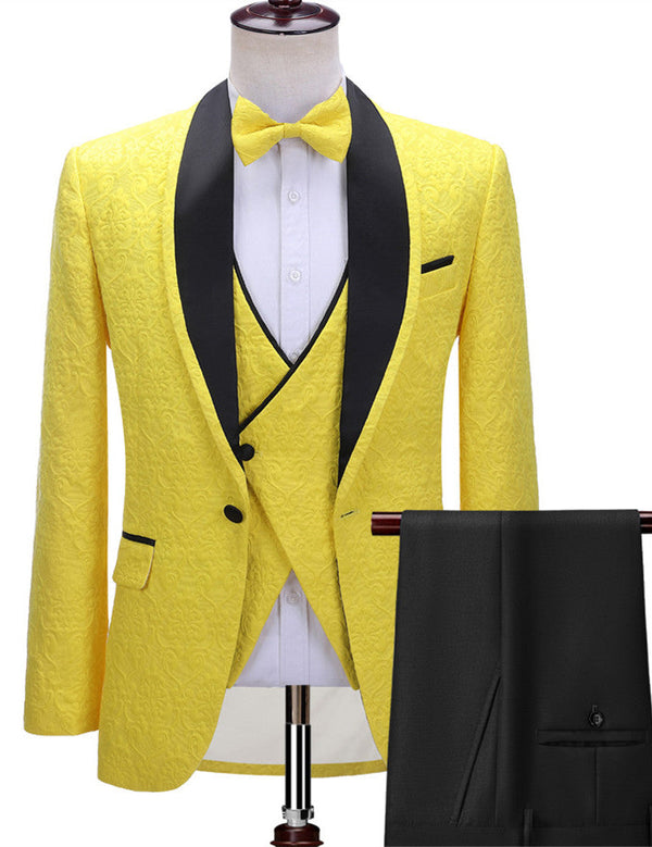 Ballbella is your ultimate source for Bespoke Yellow One Button Three-piece Wedding Suit with Black Lapel. Our Yellow Shawl Lapel wedding groomsmen suits come in Bespoke styles &amp; colors with high quality and free shipping.