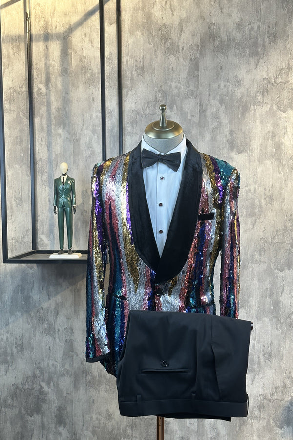 Best-Selling 2 Piece Shawl Lapel Single-Breasted Sequin Casual Suit-Ballbella