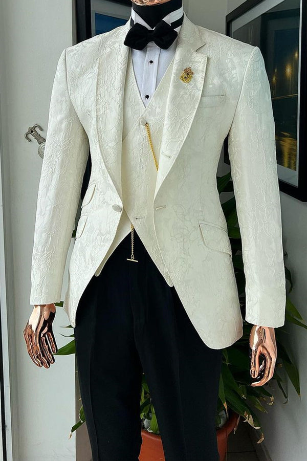White Jacquard Wedding Suit for Groom with Waistcoat