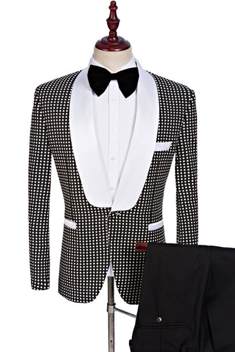 Ballbella made this Black and White Shawl Lapel Wedding Suits, Fashion Dot Prom Tuxedo with rush order service. Discover the design of this Black Plaid Shawl Lapel Single Breasted mens suits cheap for prom, wedding or formal business occasion.