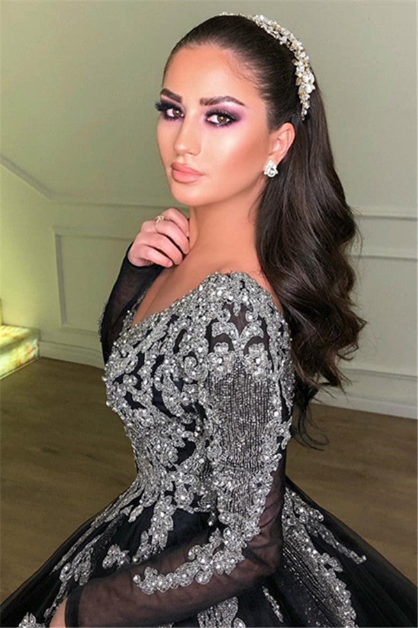 Still not know where to get your event dresses online? Ballbella offer you Black Ball Gown Deep V-Neck Long Sleevess Appliques Overskirt Evening Dresses at factory price,  fast delivery worldwide.