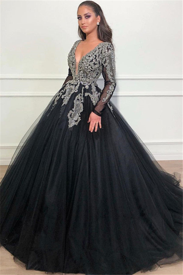 Still not know where to get your event dresses online? Ballbella offer you Black Ball Gown Deep V-Neck Long Sleevess Appliques Overskirt Evening Dresses at factory price,  fast delivery worldwide.