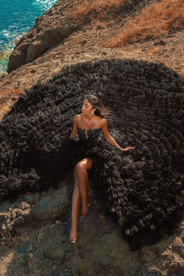 Black Beach Hi Lo Tulle Wedding Evening Gown Sleeveless lace Ballbella Black Beach Hi Lo Tulle Wedding Evening Gown Sleeveless lace Ballbella