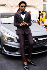 Black Beaded Prom Suit with Peaked Lapel and Beading-Ballbella