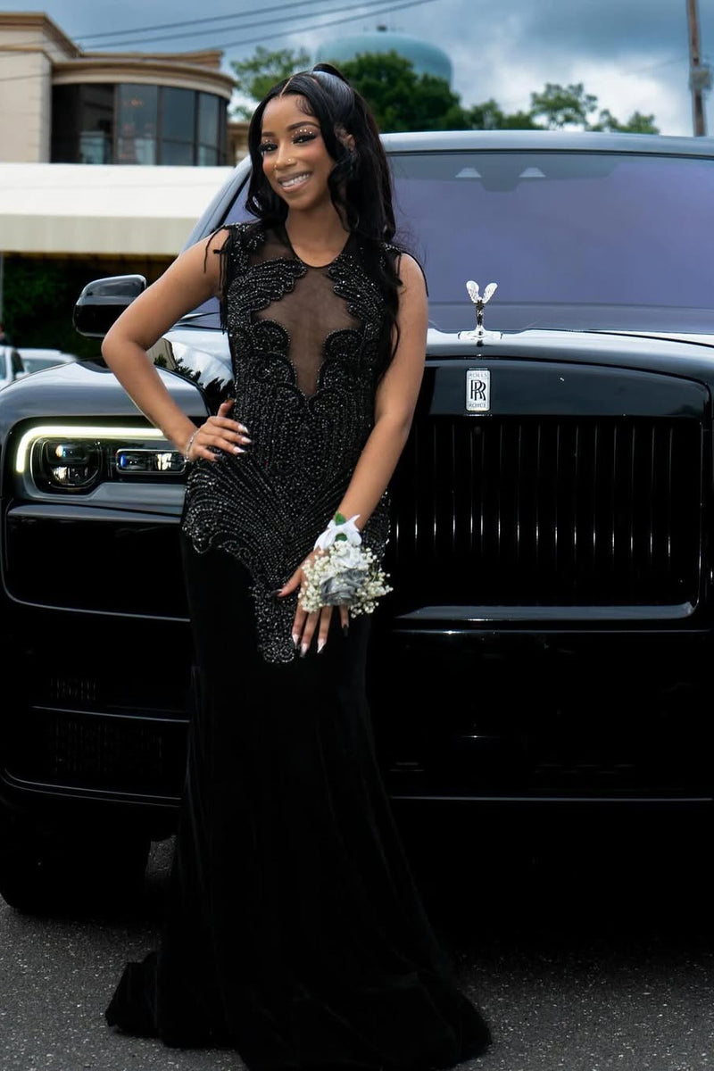Black Beaded Sleeveless Round neck Mermaid Long Prom Dresses Black Beaded Sleeveless Round neck Mermaid Long Prom Dresses