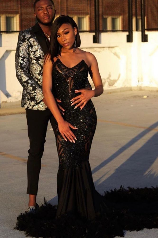Looking for Prom Dresses, Evening Dresses in Stretch Satin,  Mermaid style,  and Gorgeous Feathers work? Ballbella has all covered on this elegant Black Chic Mermaid Prom Party GownsSweetheart Sequined Evening Dress.