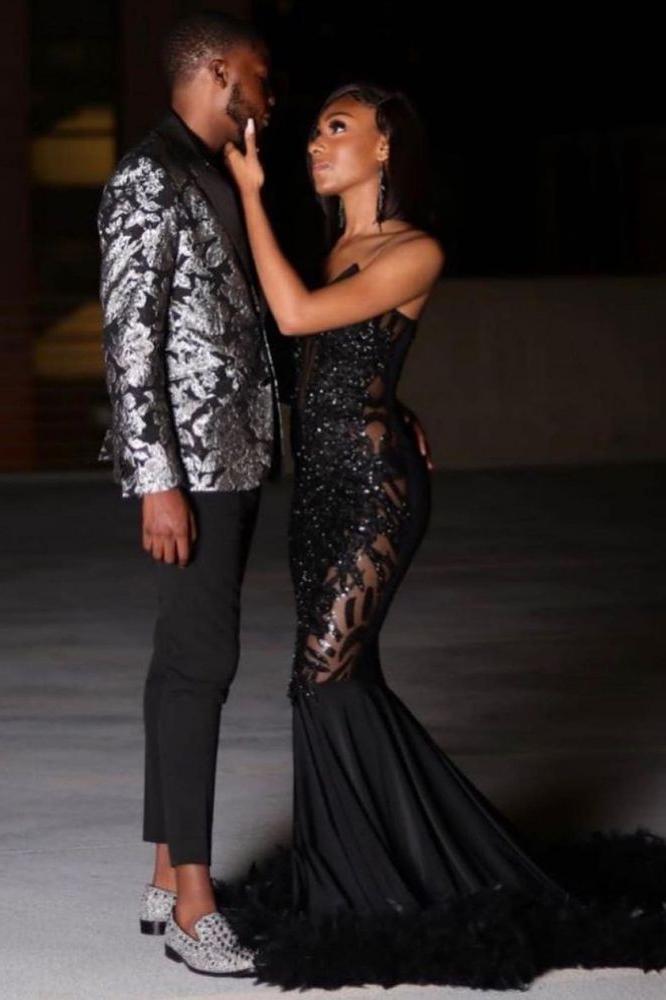 Black Chic Mermaid Prom Party GownsSweetheart Sequined Evening Dress-Ballbella