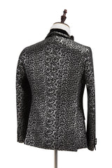 Black Classy Silver Leopard Jacquard Men's Suit Shawl Lapel Double Breasted Wedding Suit for Formal-Ballbella
