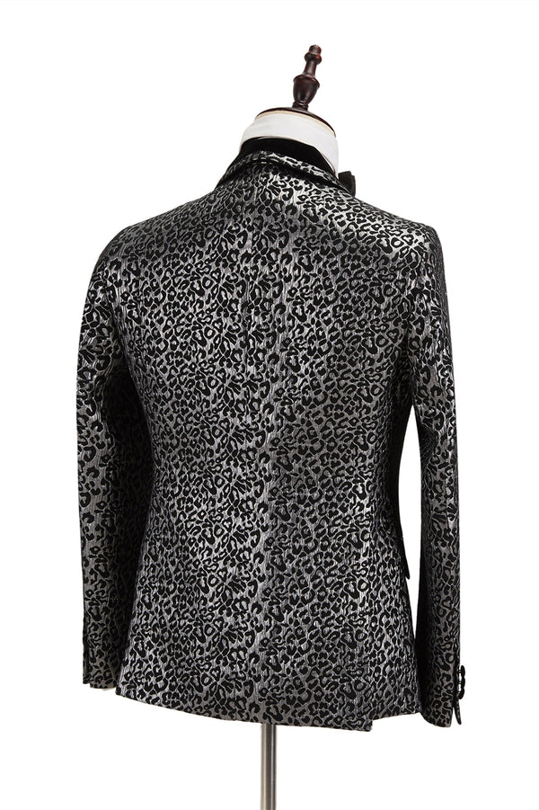 Black Classy Silver Leopard Jacquard Men's Suit Shawl Lapel Double Breasted Wedding Suit for Formal-Ballbella
