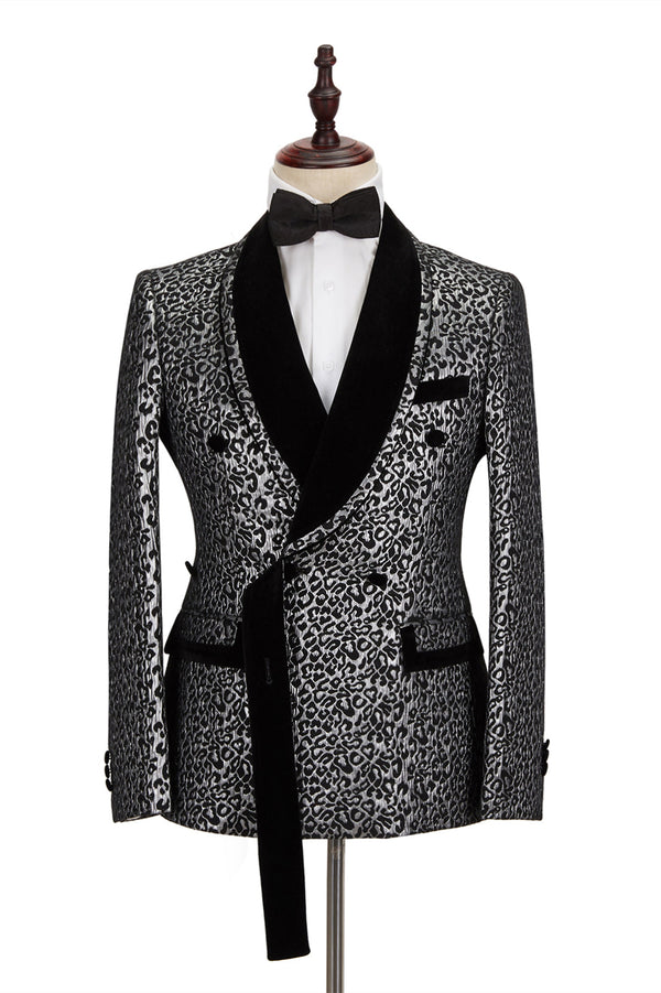 Black Classy Silver Leopard Jacquard Men's Suit Shawl Lapel Double Breasted Wedding Suit for Formal-Ballbella