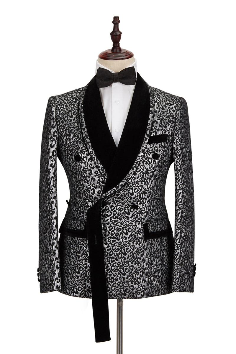 Black Classy Silver Leopard Jacquard Men's Suit Shawl Lapel Double Breasted Wedding Suit for Formal-Ballbella