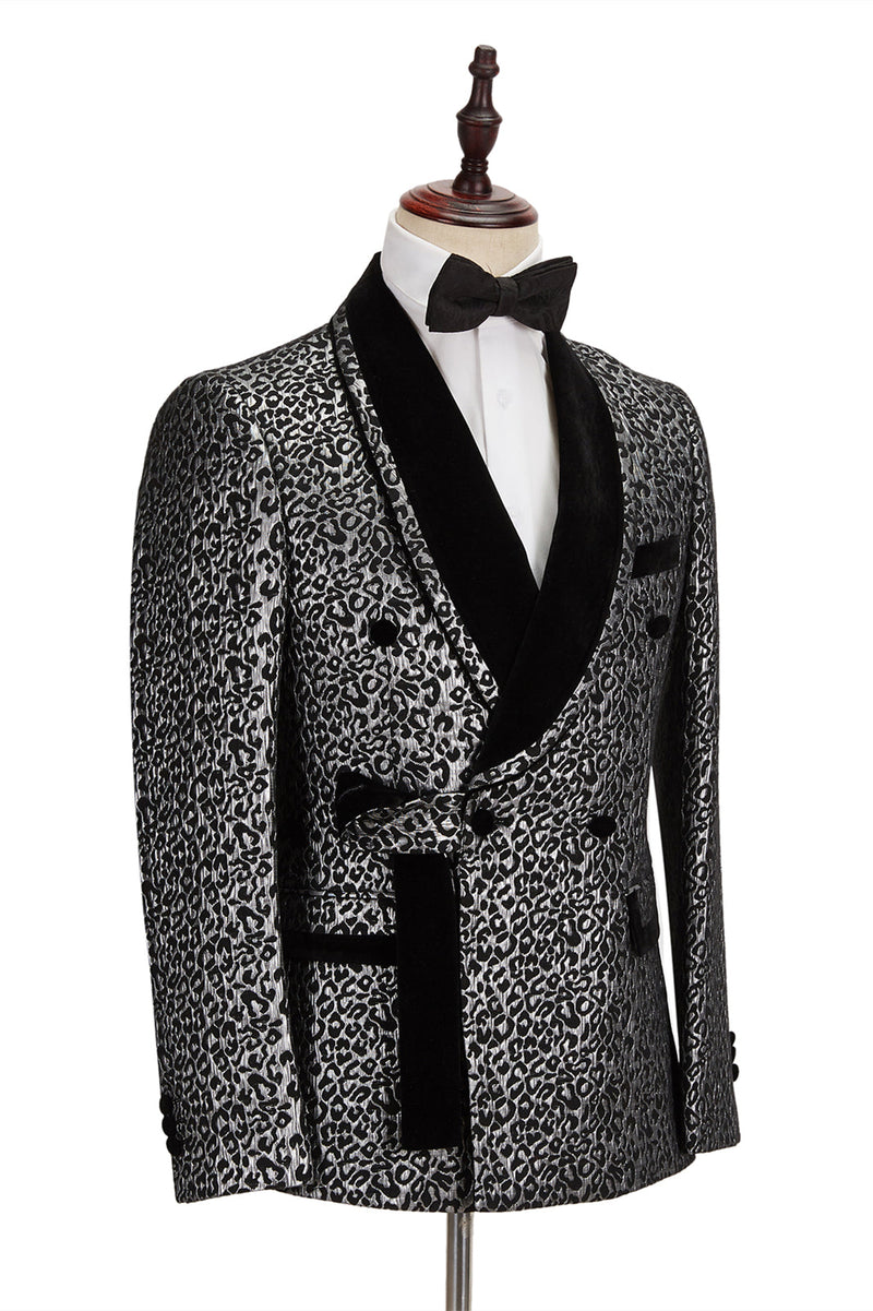 Black Classy Silver Leopard Jacquard Men's Suit Shawl Lapel Double Breasted Wedding Suit for Formal-Ballbella